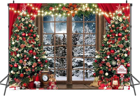 7x5ft Winter Christmas Window Photography Backdrop Xmas Tree Snow Background Banner for Family Holiday Party Decoration Supplies Photo Studio Props Pictures ZW-029 in Kuwait