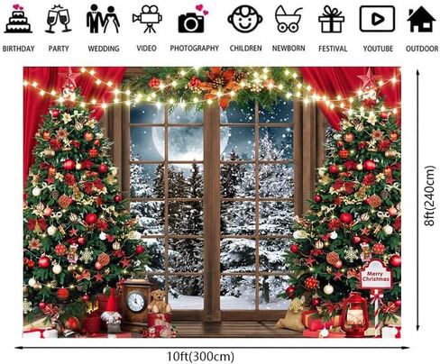 7x5ft Winter Christmas Window Photography Backdrop Xmas Tree Snow Background Banner for Family Holiday Party Decoration Supplies Photo Studio Props Pictures ZW-029 in Kuwait