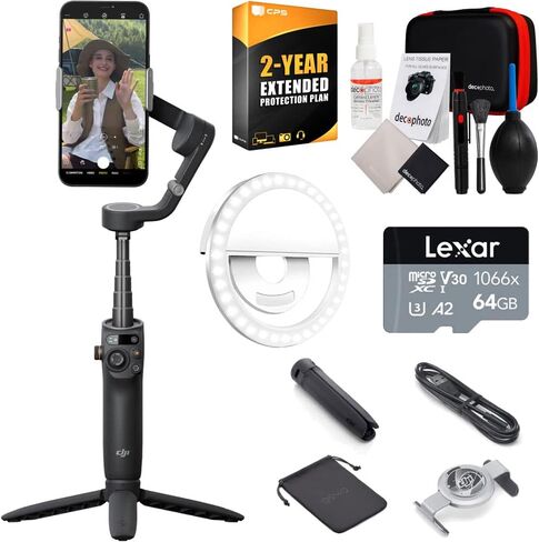 DJI Osmo Mobile 6 Smartphone Gimbal Stabilizer (Black) Accessory Bundle with 2 YR CPS Enhanced Protection Pack, LED Ring Light, Lexar 64GB MicroSDXC Memory Card and Cleaning Kit in Saudi Arabia