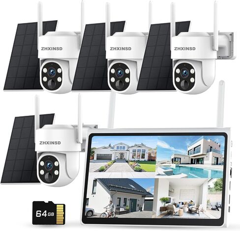 PTZ Security Cameras Wireless Outdoor Solar Powered, Pan Tilt 360 View 10 CH Ultra 4MP Home Security Camera System with 4 Cameras Human Detection Two Way Audio Color Night Vision 64G Storage in Kuwait