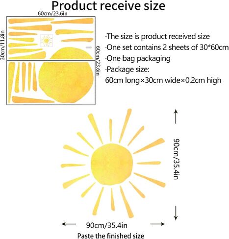 35.4" x 35.4" Watercolor Boho Sun Wall Decals Peel and Stick, PVC Sunrise Wall Stickers, Yellow Sunshine Wall Art Decor for Kids Room Playroom Nursery Bedroom (Boho Sun-3) in Saudi Arabia