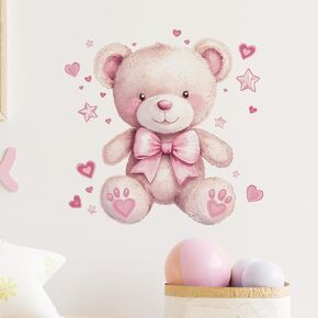 Cute Pink Teddy Bear Doll Wall Stickers Nursery Wall Decals for Kid Girl Baby Removable Peel and Stick Wall Art Home Decor Decoration for Classroom Preschool Living Room Bedroom