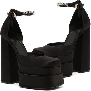 VIMISAOI Black Heels for Women Chunky Heels Square Toe Heels Ankle Strap Buckle Rhinestones Wedge Silk Satin High Platform Pumps