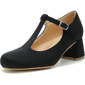 LIURUIJIA Women's T-Strap Low Chunky Heels Mary Jane Pumps Round Closed Toe Comfy Dress Shoes for Women Black 8 40