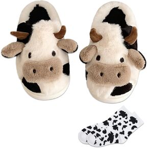 JosuE Cow Slippers With Cow Socks Animal Fuzzy Slippers Non-Skid Winter Warm Cozy For Women Teen Girls Outdoor Slippers
