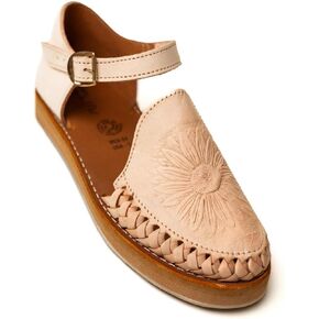Mexico en la Piel Handcrafted Leather Huarache Sandals for Women - Closed Toe with Sunflower Cutout Design, Adjustable Ankle Strap, Natural Color, 1-inch EVA Sole, Comfortable and Durable