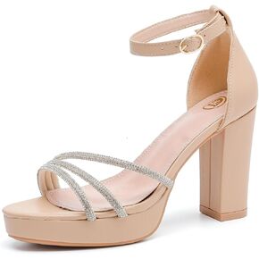 kkdom Platform Heels for Women Sparkle Rhinestone Open Toe Ankle Strap High Heels Sexy Sandals Comfort Women Dressy Summer Shoe for Party Dating Daily Work