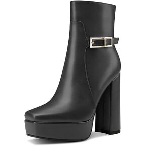 TNYNFBEB Womens Chunky Block High Platform Heel Square Toe Ankle Boots Short Bootie Boots Zipper Buckle Prom Party Dress 5.3 Inches Heels