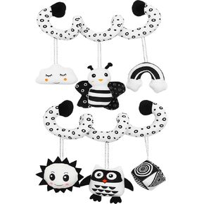 ONEST 2 Pieces Baby Spiral Hanging Stroller and Car Seat Toys Newborn Plush Activity Toys Black and White High Contrast Sensory Toys Baby Bed Bassinet Crib Carrier Gifts for 0-12 Months Baby