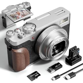 56MP Digital Cameras for Photography, 4K Autofocus Video Camera with 32GB TF Card & 2 Batteries,18X Zoom Anti-Shake Point and Shoot Digital Cameras,Compact Camera for Travel (K100 Sliver)
