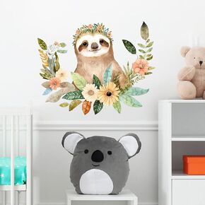 Sloth with Garland Leaves Wall Decal Nursery Animal Wall Sticker Removable Peel and Stick Wall Art Decor Stickers for Kids Baby Classroom Preschool Living Room Playing Room Bedroom School