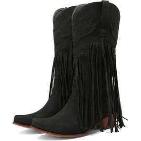 Meefit Women Fringe Cowboy Boots Square Toe Mid Calf Embroidered Western Boots,Tassel Cowgirl Boots Stacked Heel Retro Boots