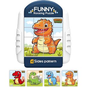 Rotating Puzzle Cube for Kids - Travel Essentials Games Car Toys Airplanes Trips Toys - 4 Style Puzzles in 1 Board - Ages 3+ (Land Animals)