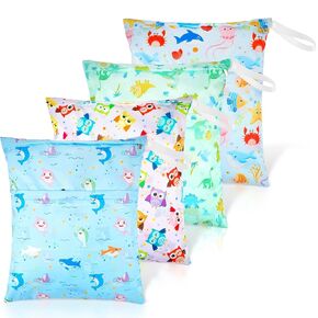 Frienda 4 Pieces Wet Dry Bag for Baby Waterproof Reusable Washable Diaper Bag Sealed with Handle for Travel, Beach, Swimsuit, Diapers, Dirty Gym Clothes and Toiletries (Nautical Style)