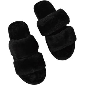OYOANGLE Women's Two Band Faux Fur Fuzzy Slippers Open Toe Slip on House Slides Cozy Plush Bedroom Slippers