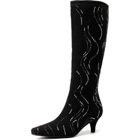 GOSERCE Black Knee High Boots for Women Low Heel with Rhinestone Sparkly Zipper Pointed Toe Kitten Heels Womens Suede Boots Glitter Long Tall Boots Girls Party Dressy Prom Shows