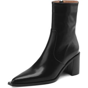 TinaCus Women's Pointed Toe Genuine Leather Handmade Chunky Heel Zip Up Ankle Boots in Kuwait