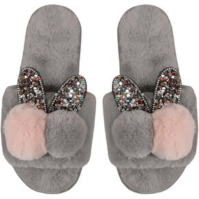 OYOANGLE Women's Colorblock Sequin Sparkly Fuzzy Slippers Open Toe Slip on Bedroom Indoor Slippers