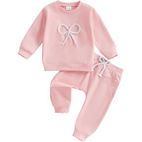 Toddler Baby Girl Clothes Bow Emboridery Crewneck Long Sleeve Sweatshirt and Pants Set 2Pcs Fall Winter Outfit