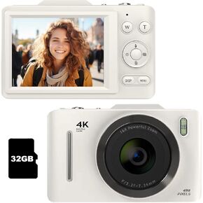 Digital Camera, Autofocus UHD 4K Vlogging and FHD 1080P Digital Camera with 32GB Card, 16X Zoom, and Anti-Shake. 48MP Compact Design, for Teens Adult Beginner White