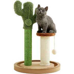 Made4Pets Cat Scratching Post, Cactus Scratcher Tree for Indoor Small Cats, Adult Kitten Scratch Pad with Natural Sisal Ropes, Cute Kitty Nail File Vertical Scratcher with Green Carpet Cover
