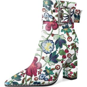 YODEKS Womens Ankle Boots 3.7 Inch Heel Chunky Boots Beaded Eyelets Buckle Strap Side Zipper Boots