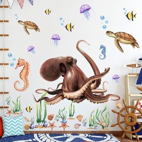 Large Octopus Wall Decals Ocean Creature Jellyfish Turtle Fish Seahorse Wall Stickers Under the Sea Animal Seaweed Shell Bubble Wall Mural Decor for Kids Bedroom Nursery Bathroom Classroom