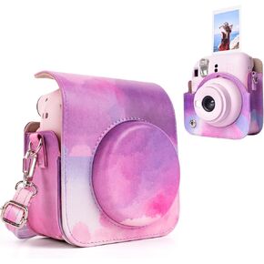 MUZIRI KINOKOO Case for Fujifilm Fuji Instax Mini 12/Fuji Mini 12 Instant Camera - PU Leather Protective Case Cover Bag with Adjustable Shoulder Strap - Blue Pink Watercolor