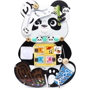 Wooden Montessori Busy Board, Educational Activity Sensory Board Montessori Toys for Kids Toddlers, Cute Panda Preschool Learning Motor Skills Developmental Toy, Toddler Travel Sensory Toy