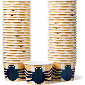 Paper Ice Cream Cups, 50-Count 9-Oz Disposable Dessert Bowls for Hot or Cold Food, 9-Ounce Halloween Party Supplies Treat Cups, Jack-O-Lantern, Orange