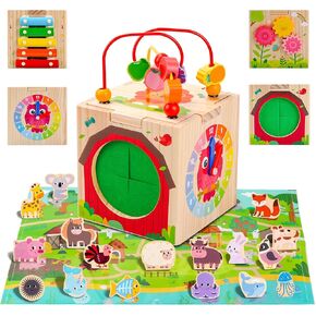 Wooden Activity Cube with Map Farm Game and Mystery Box | Montessori Toys for 1 2 3 Year Old Toddlers | Baby Toys 12-18 Months | First Birthday Gifts for Girls & Boys