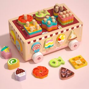Montessori Wooden Ice Cream Dessert Cart, Shape Sorting Toys for Boys and Girls 3-6 Years Old，One Year Old Girl Birthday Gifts，Early Childhood Education Fine Motor Skills Development