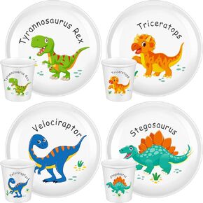 4 Sets Dinosaur Fun Kids Plates with Cups Melamine Plates Dinnerware Set for Toddlers Creatively Drop Resistant Cute Plastic Dishes Dishwasher Safe