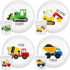 4 Sets Dinosaur Fun Kids Plates with Cups Melamine Plates Dinnerware Set for Toddlers Creatively Drop Resistant Cute Plastic Dishes Dishwasher Safe