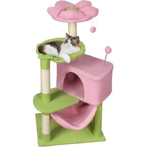 شجرة القط 33 بوصة برج قط لطيف أشجار قطط صغيرة على شكل زهرة للقطط الداخلية مع ألعاب معلقة وردية اللون كبيرة الحجم للقطط والقطط البالغة in Kuwait