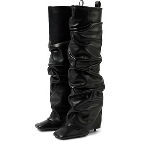 Goolita Fold Over Boots For Women, Square Toe Stiletto Heel Slouchy Knee High Boots Leather Comfortable Slip On Tall Boots