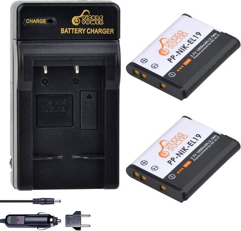 بطارية Pickle Power EN-EL19 (عبوتين) وشاحن حائط لجهاز Coolpix A100 W150 S32 S100 S2800 S3200 S3300 S3500 S3600 S4100 S4200 S4300 S5200 S5300 S6500 S6600 S6800 S6900 S7000، NP-BJ1 DSC-RX0 in Kuwait