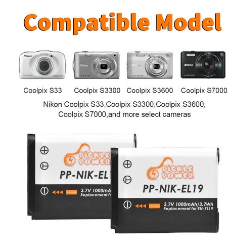 بطارية Pickle Power EN-EL19 (عبوتين) وشاحن حائط لجهاز Coolpix A100 W150 S32 S100 S2800 S3200 S3300 S3500 S3600 S4100 S4200 S4300 S5200 S5300 S6500 S6600 S6800 S6900 S7000، NP-BJ1 DSC-RX0 in Kuwait