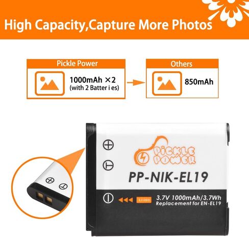 بطارية Pickle Power EN-EL19 (عبوتين) وشاحن حائط لجهاز Coolpix A100 W150 S32 S100 S2800 S3200 S3300 S3500 S3600 S4100 S4200 S4300 S5200 S5300 S6500 S6600 S6800 S6900 S7000، NP-BJ1 DSC-RX0 in Kuwait