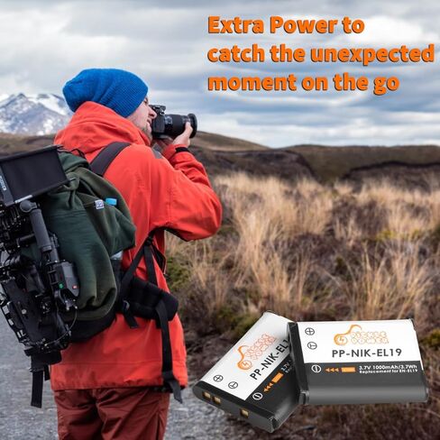 بطارية Pickle Power EN-EL19 (عبوتين) وشاحن حائط لجهاز Coolpix A100 W150 S32 S100 S2800 S3200 S3300 S3500 S3600 S4100 S4200 S4300 S5200 S5300 S6500 S6600 S6800 S6900 S7000، NP-BJ1 DSC-RX0 in Kuwait