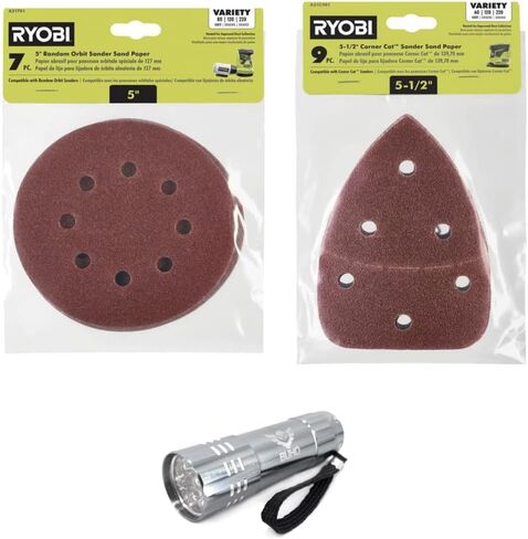 Sand Paper Bundle, 7-Piece 5 inch Random Orbit S and 9-Piece 5-1/2 inch Corner Cat Sand Paper Assortment Set with Buho Pocket Flashlight in Kuwait