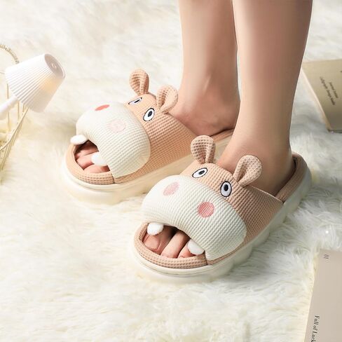 CHOOLD Cartoon Hippo Linen Slippers, Womens Four Seasons Home Linen Slippers in Kuwait