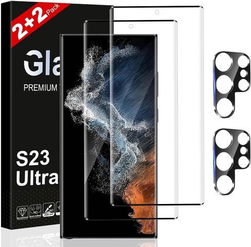 Galaxy S23 Ultra Screen Protector, 2+2 Pack Tempered Glass Screen Protector and Camera Lens Protector, 3D Full Coverage, Support Fingerprint Unlock, HD Protection Film for Galaxy S23 Ultra 6.8 Inch in Saudi Arabia