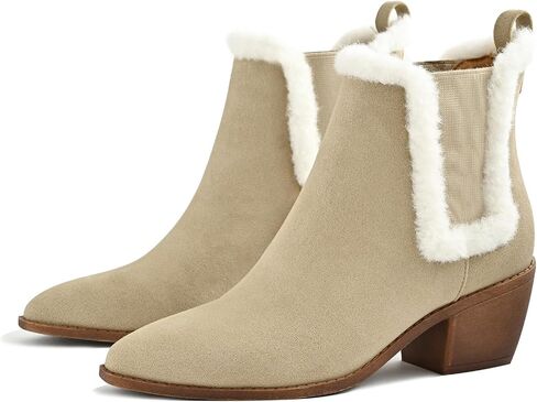 Chelsea Boots for Women Sided Elastic Furry Ankle Booties Almond Toe Cold Weather Winter Shoes in Saudi Arabia