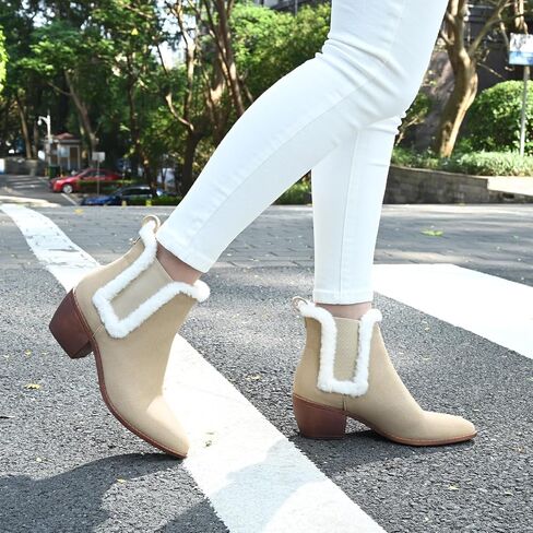 Chelsea Boots for Women Sided Elastic Furry Ankle Booties Almond Toe Cold Weather Winter Shoes in Saudi Arabia