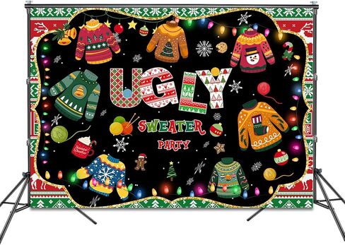 Mocsicka Ugly Sweater Party لافتة خلفية لعيد الميلاد وعيد الميلاد Elfed Up ديكورات الحفلات، سترة قبيحة لوازم حفلات الشتاء Elfed Photo Booth الخلفية (ملونة، 7 × 5 قدم (82 بوصة × 60 بوصة)) in Saudi Arabia