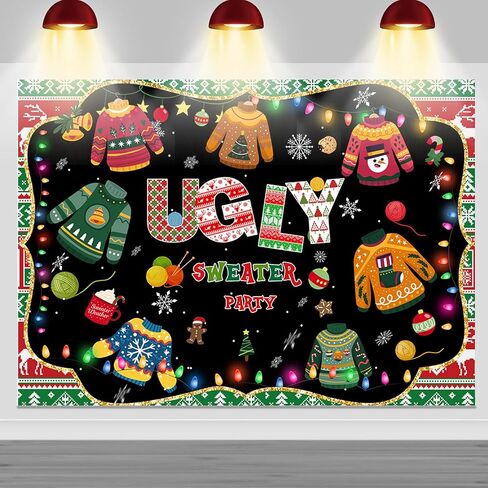 Mocsicka Ugly Sweater Party لافتة خلفية لعيد الميلاد وعيد الميلاد Elfed Up ديكورات الحفلات، سترة قبيحة لوازم حفلات الشتاء Elfed Photo Booth الخلفية (ملونة، 7 × 5 قدم (82 بوصة × 60 بوصة)) in Saudi Arabia