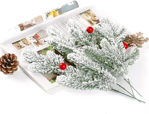 Sggvecsy 60 Pcs Artificial Snowy Pine Branches Fake Frosted Greenery Pine Picks Artificial Red Berry Stems Christmas Pine Needles for DIY Christmas Garland Wreath Xmas Flower Arrangements Decoration in Kuwait