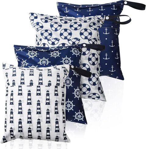 Frienda 4 Pieces Wet Dry Bag for Baby Waterproof Reusable Washable Diaper Bag Sealed with Handle for Travel, Beach, Swimsuit, Diapers, Dirty Gym Clothes and Toiletries (Nautical Style) in Kuwait