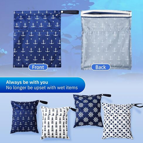 Frienda 4 Pieces Wet Dry Bag for Baby Waterproof Reusable Washable Diaper Bag Sealed with Handle for Travel, Beach, Swimsuit, Diapers, Dirty Gym Clothes and Toiletries (Nautical Style) in Kuwait